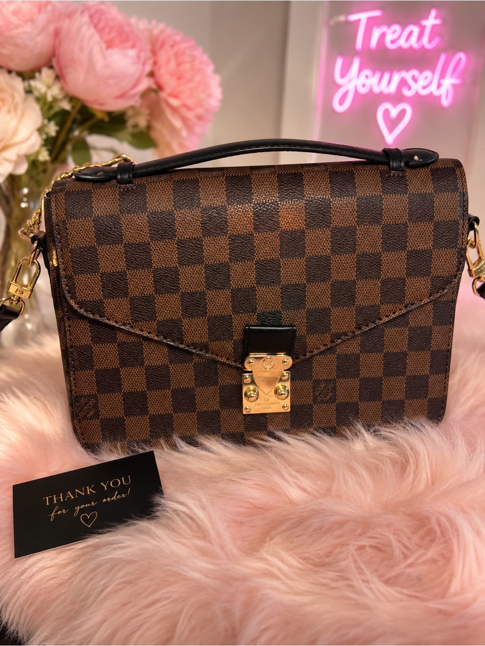Source Unknown Brown Checkered Top Handle Bag with Gold Hardware